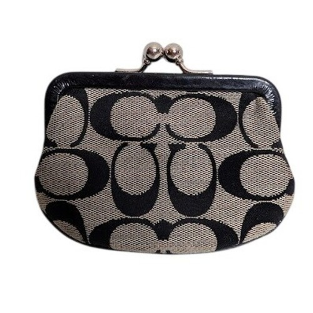 Coach Womens Signature Kisslock Coin Purse OS Black Gray Jacquard Y2K Wallet